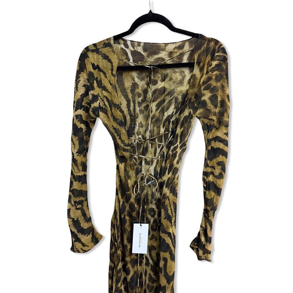 RETROFETE Vienna Dress Animal Print Sheer silk maxi gown lace up FWRD Revolve M - Picture 6 of 14